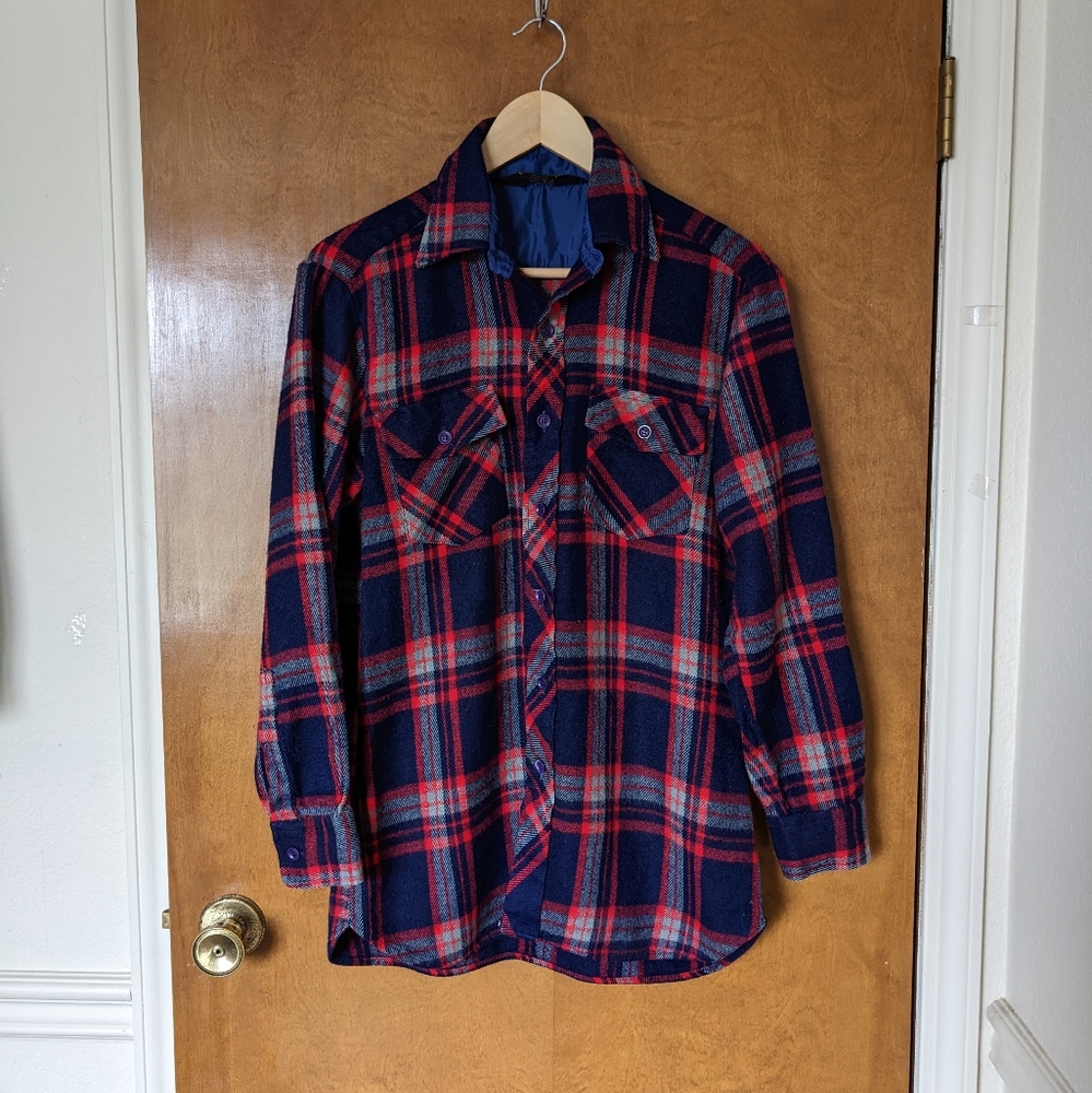 Vintage 1970s K-Mart Kmart Sportsman Blue Red Plaid Flannel Shirt
